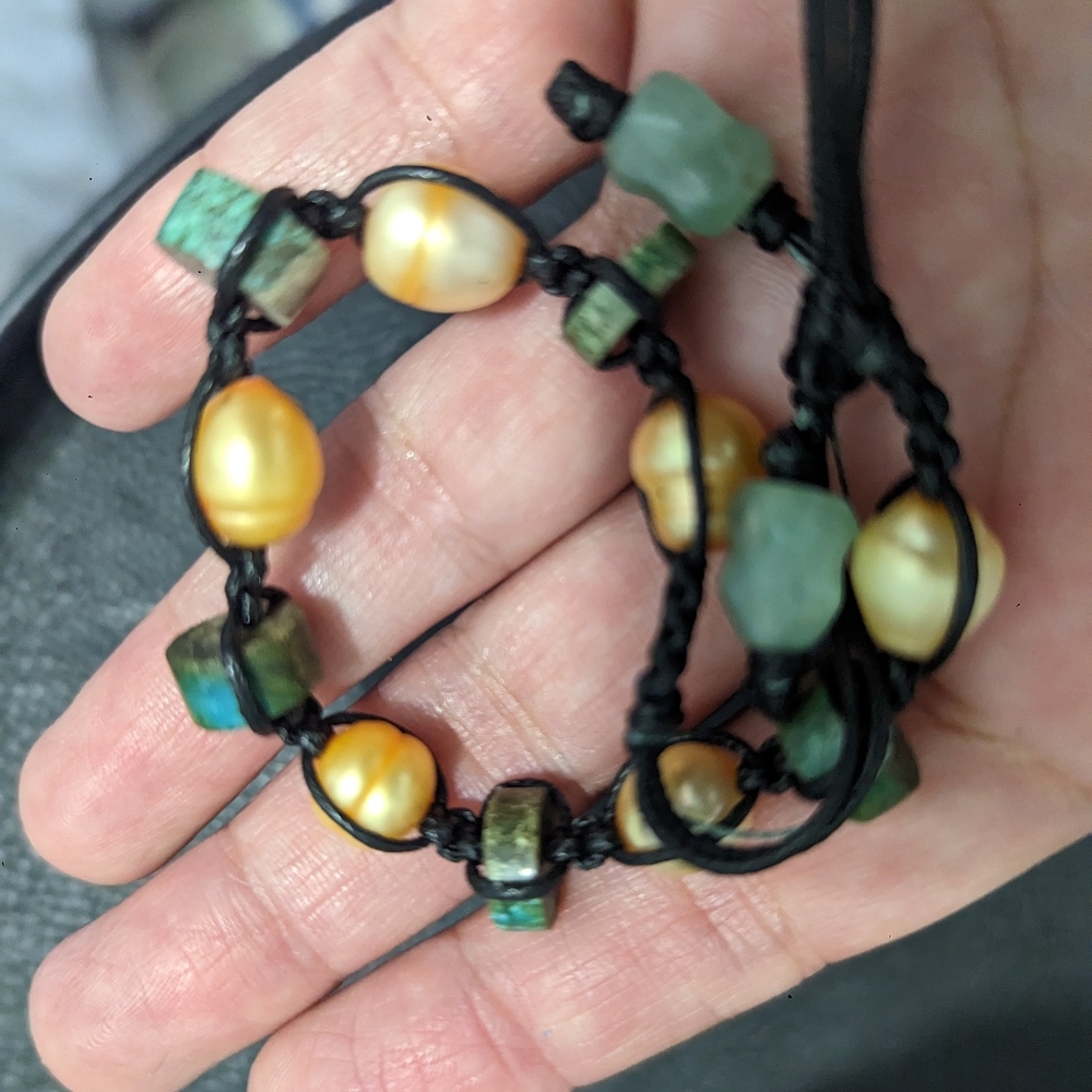 Turquoise, pearl and jade bracelet.